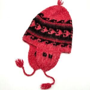 Kids Youth Alpaca Beanie Red Black Chullo Hat Sherpa Cap Earflap Toque Bolivia